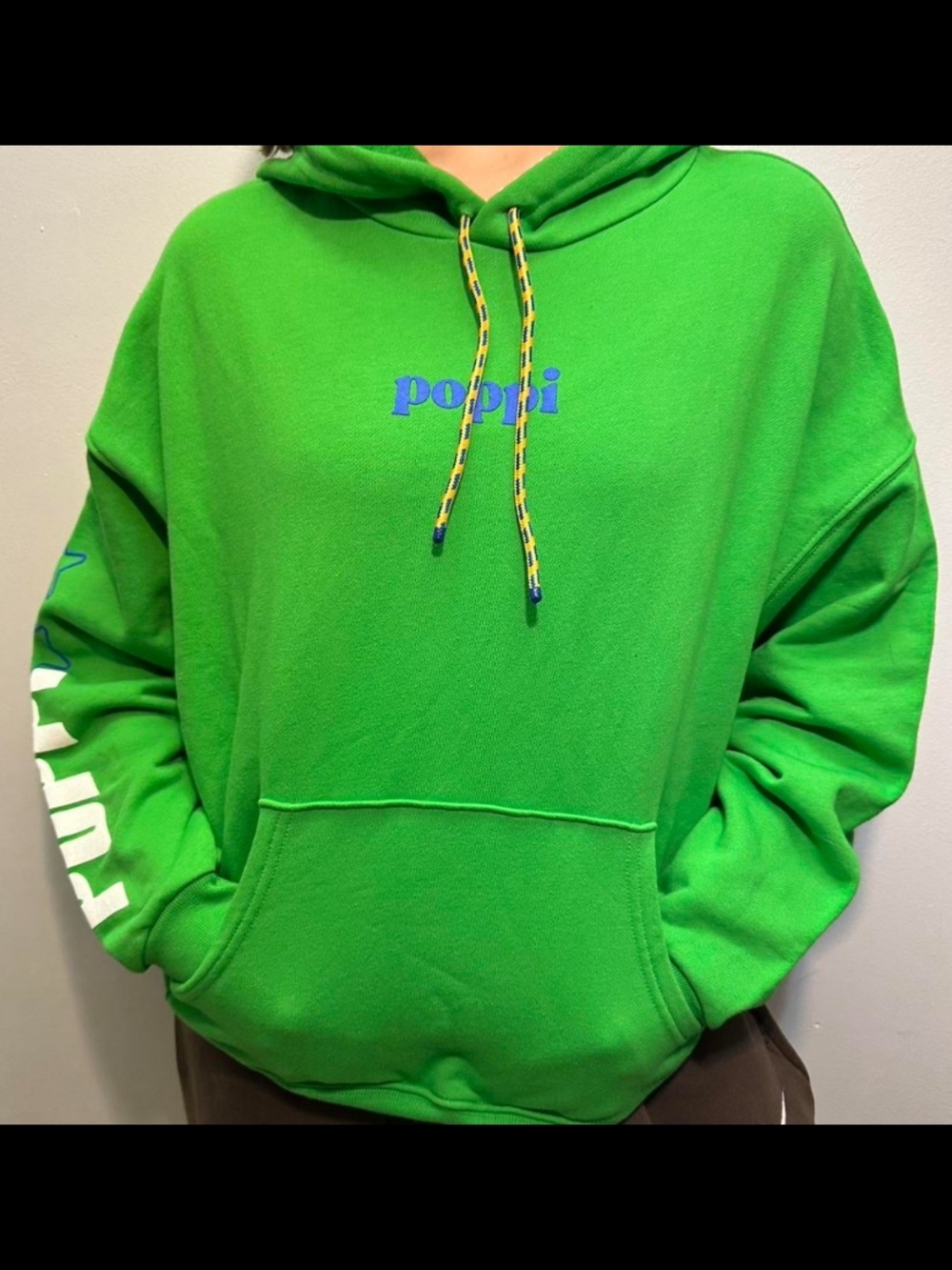 Poppi Green Unisex Pullover Hoodie with Blue Logo